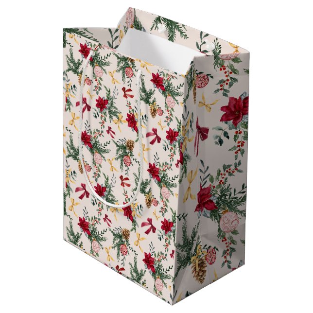 Elegantes Botanisches Grünmuster Mittlere Geschenktüte (Rückseite Schrägansicht)
