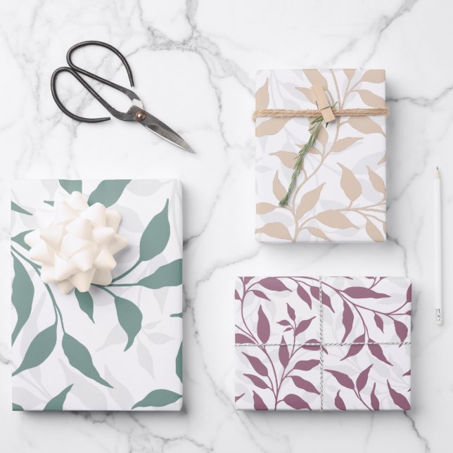 Elegantes botanisches Leaf Dance Foliage HD 3 Farb Geschenkpapier Set (Vorderseite)
