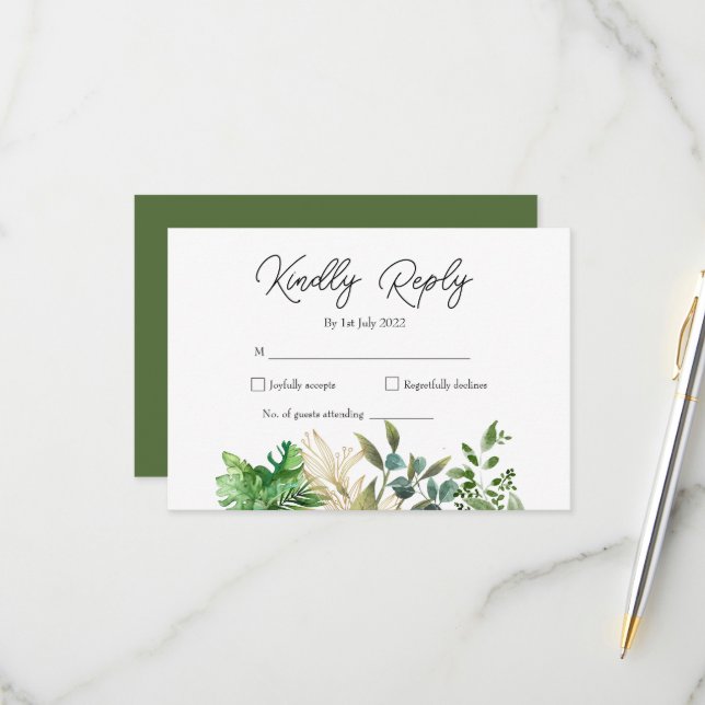 Elegantes botanisches Leaf-Hochzeitsfest RSVP Karte (Vorderseite/Rückseite Beispiel)