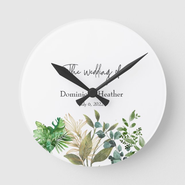 Elegantes botanisches Leaf-Hochzeitsfest Runde Wanduhr (Vorderseite)