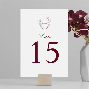 Elegantes botanisches Monogramm Burgunder Hochzeit Tischnummer