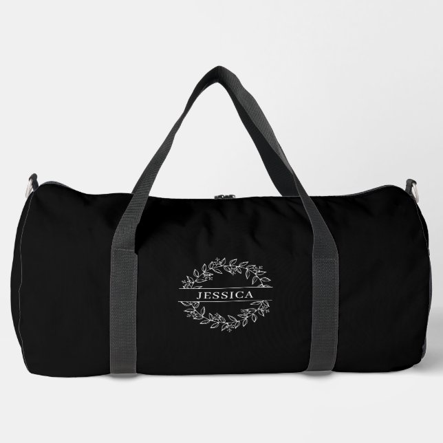 Elegantes botanisches Monogramm, schwarz  Duffle Bag (Vorderseite)