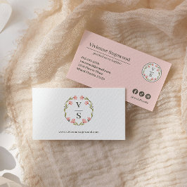 Elegantes botanisches Monogramm-Wappen Rosa grüne  Visitenkarte