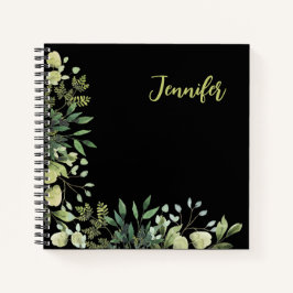 Elegantes botanisches Rahmen-Blätter schwarz Notizbuch
