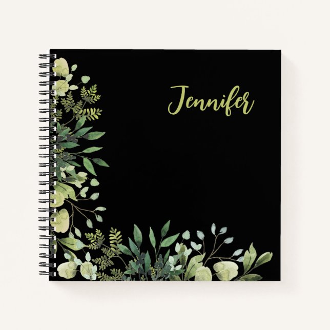 Elegantes botanisches Rahmen-Blätter schwarz Notizbuch (Vorderseite)