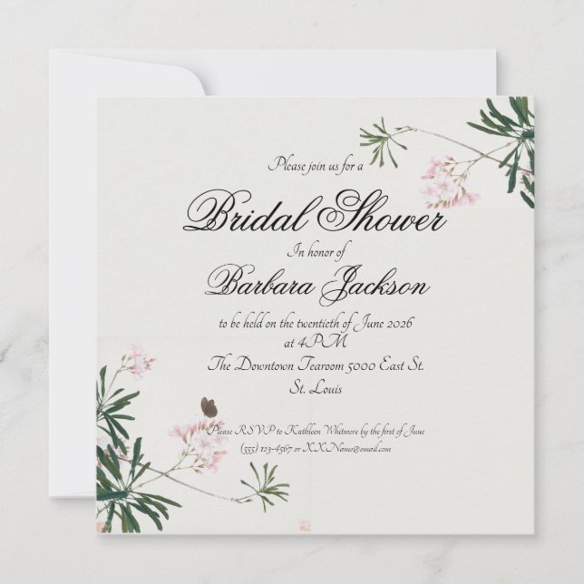 Elegantes Botanisches Rosa Blossom mit Schmetterli Einladung (Vorderseite)