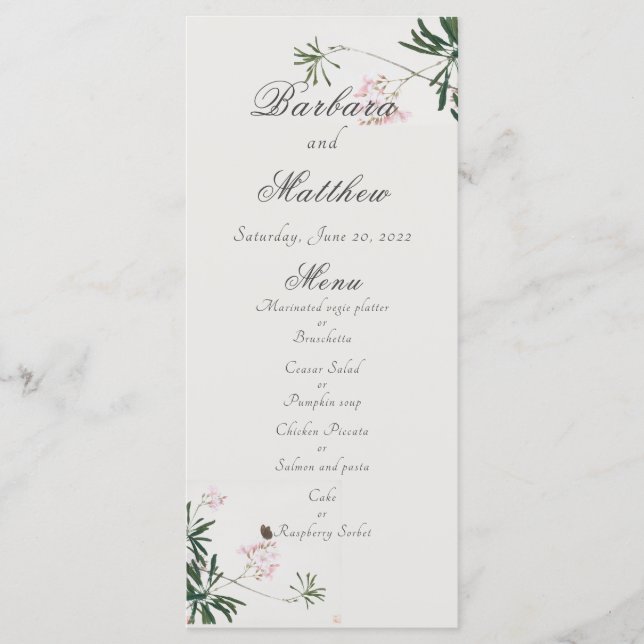 Elegantes Botanisches Rosa Blossom mit Schmetterli Menükarte (Vorderseite)