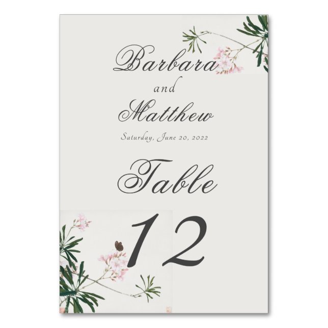 Elegantes Botanisches Rosa Blossom mit Schmetterli Tischnummer (Vorderseite)