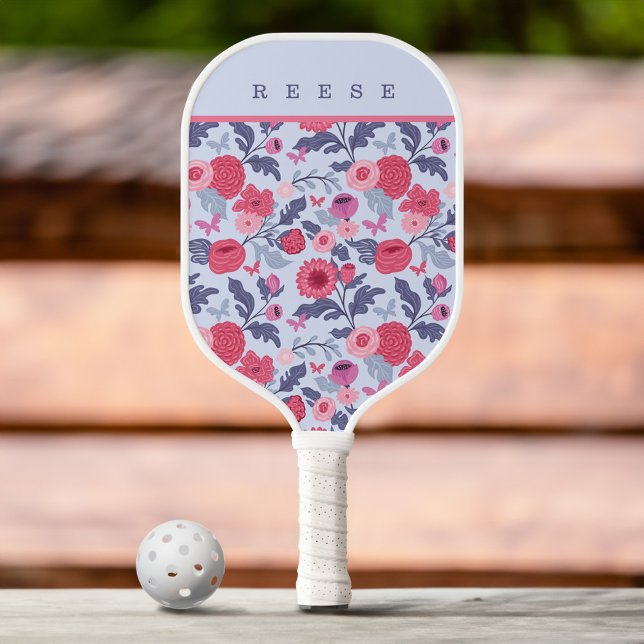 Elegantes botanisches Rosa und Lila Blumenmuster Pickleball Schläger (Elegant Botanical Pink & Purple Floral Custom Pickleball Paddle)