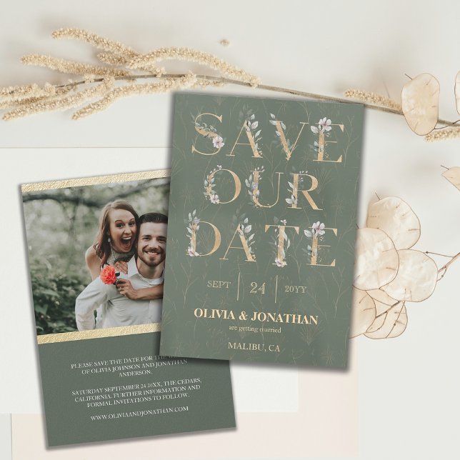 Elegantes botanisches Sage Green Gold Save the Dat Einladung (Save Our Date Sage Green Botanical Wedding Invite)