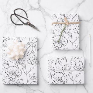 Elegantes botanisches Schwarz-Weiß-Blau Geschenkpapier Set