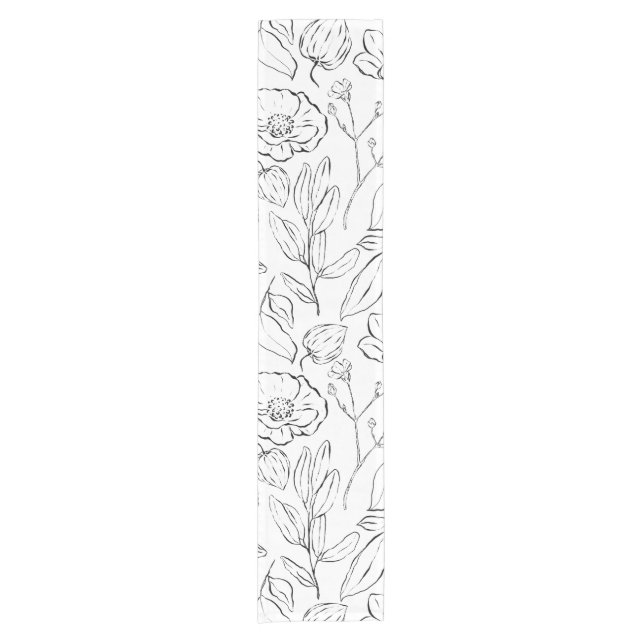 Elegantes botanisches Schwarz-Weiß-Blau Kurzer Tischläufer (Vorderseite)