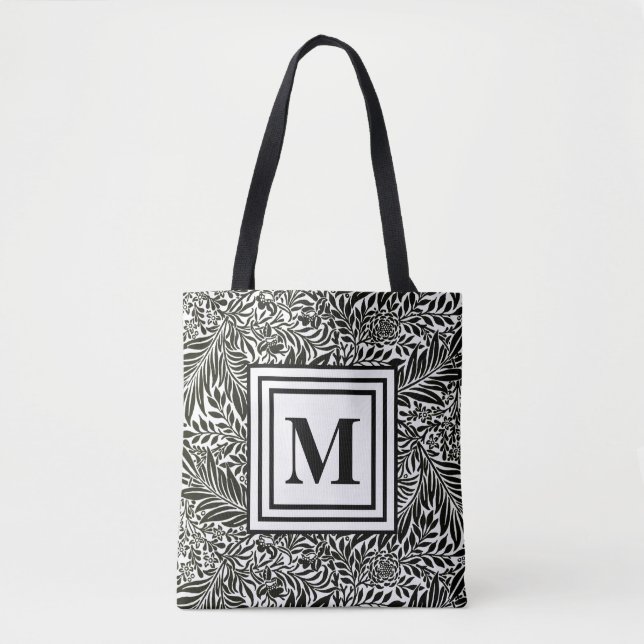 Elegantes botanisches Schwarz-Weiß-Mit Monogramm Tasche (Vorderseite)