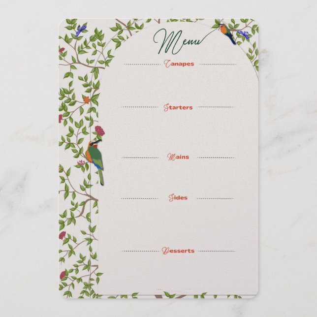 Elegantes Botanisches Vogelmenü - Hochzeit Menükarte (Rückseite)