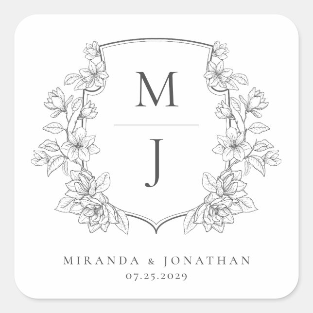 Elegantes Botanisches Wappen Monogram Wedding Quadratischer Aufkleber (Vorderseite)