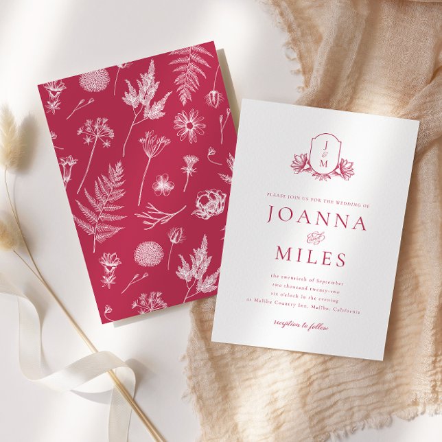 Elegantes botanisches Wappen Viva Magenta Monogram Einladung (Von Creator hochgeladen)