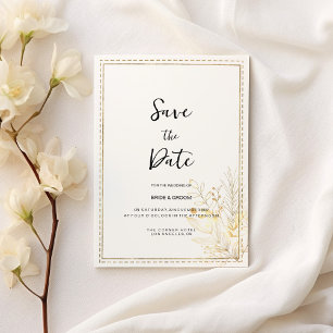 Elegantes botanisches Weißgold Save the Date Einladung