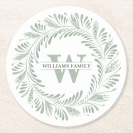 Elegantes Botanisches Wreath Monogramm Runder Pappuntersetzer