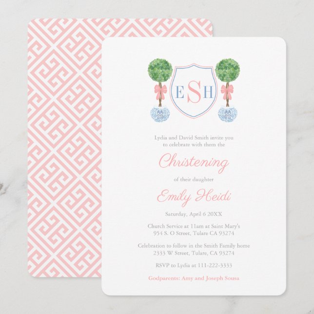 Elegantes Boxwood Monogram Girl Christening Party Einladung (Vorne/Hinten)