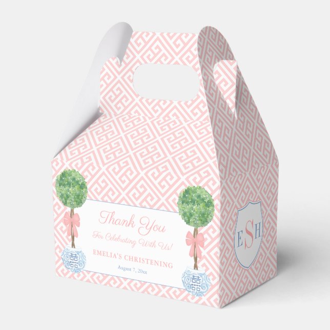 Elegantes Boxwood Pink Bow Baby Girl Taufe Party Geschenkschachtel (Vorderseite)