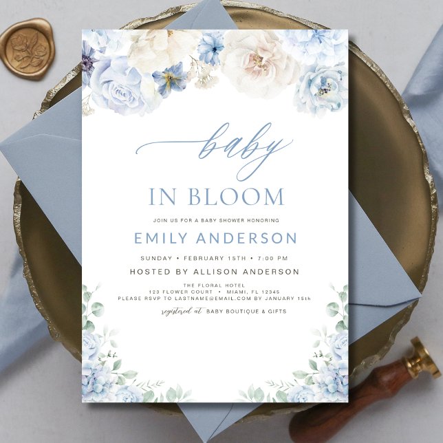 Elegantes Boy Blue Baby in Bloom Baby Shower Einladung (Von Creator hochgeladen)