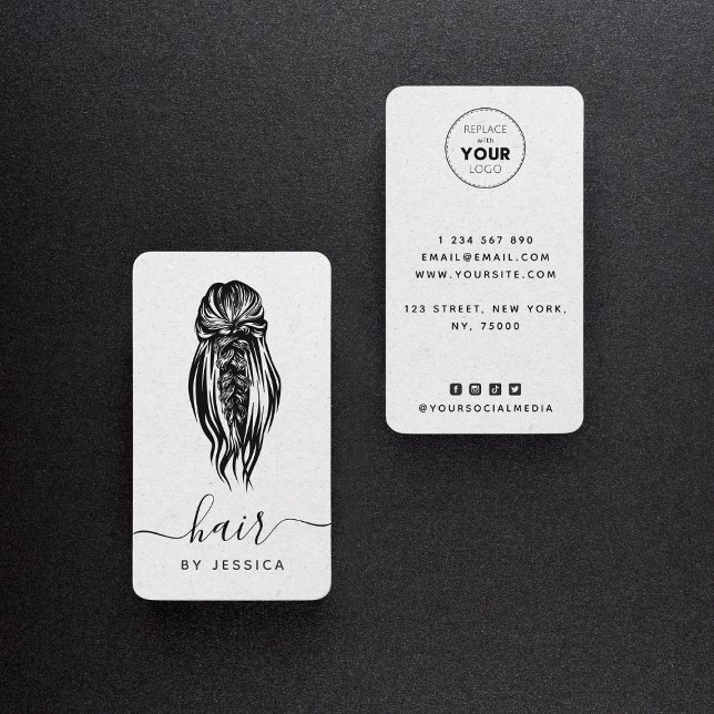 Elegantes Braid Wavy Haar Salon Gray Kraft Papier Visitenkarte (Von Creator hochgeladen)