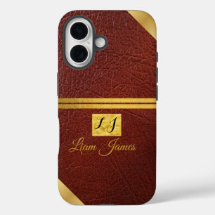 Elegantes braunes Leder-Gold-Monogramm-Handyhülle iPhone 16 Hülle
