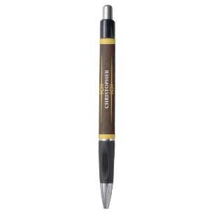 Elegantes braunes Leder & Goldfolie Monogramm Name Kugelschreiber