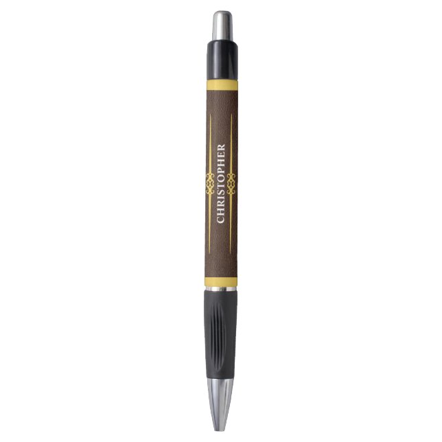 Elegantes braunes Leder & Goldfolie Monogramm Name Kugelschreiber (Vorderseite Vertikal)