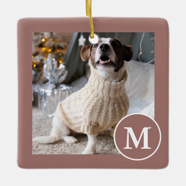 Elegantes, braunes und weißes Monogramm-Foto Keramikornament (Vorderseite)