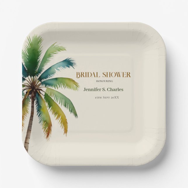 Elegantes Brautparty am Strand von Palm Tree Pappteller (Vorderseite)