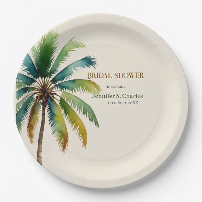 Elegantes Brautparty am Strand von Palm Tree Pappteller (Vorderseite)