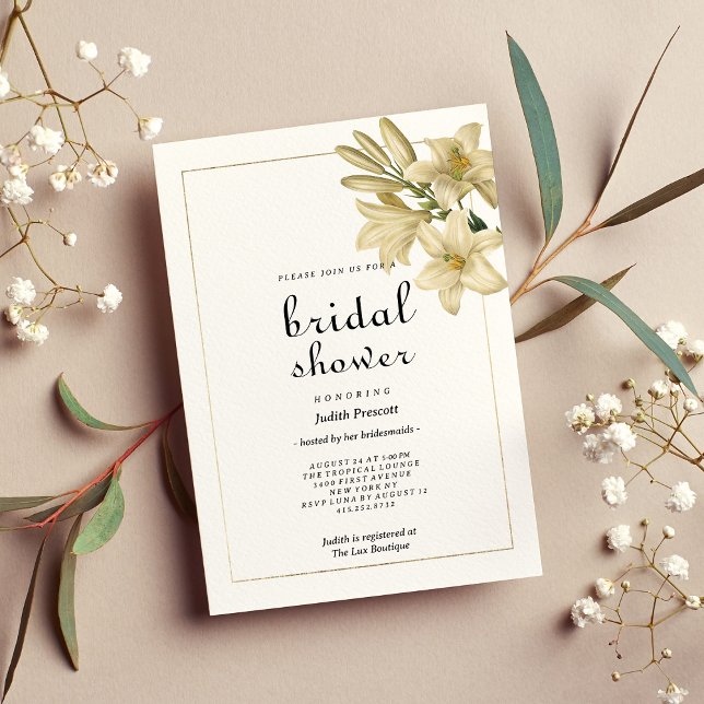 Elegantes Brautparty aus weißer Goldlilie Einladung (Elegant boho white gold floral lily Bridal Shower)