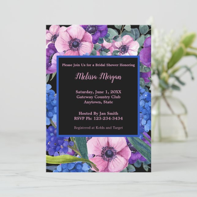 Elegantes Brautparty Blau Lila Rosa Einladung (Stehend Vorderseite)