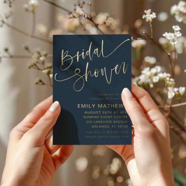 Elegantes Brautparty Blue & Gold Calligraphy Folieneinladung (Von Creator hochgeladen)