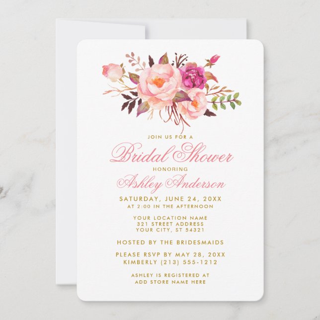 Elegantes Brautparty Blütenrosa Einladung (Vorderseite)