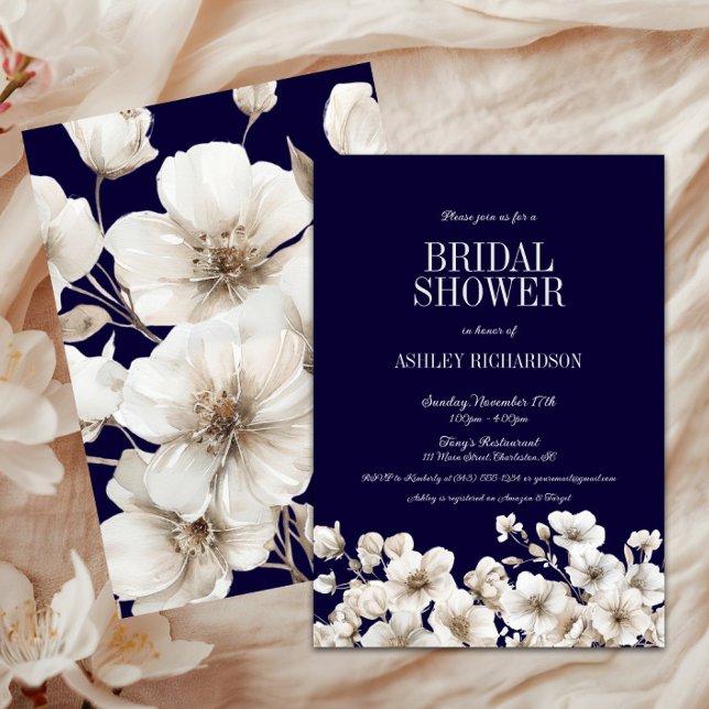 Elegantes Brautparty der Marine und der Weißen Flo Einladung (Navy & White Floral Love in Bloom Bridal Shower Invitation, Winter Flowers, Fall Autumn, Christmas)