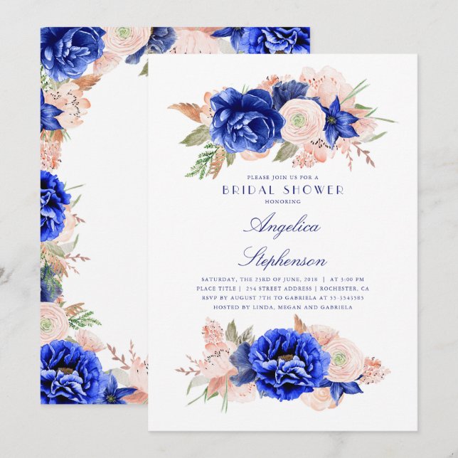 Elegantes Brautparty der Marine und Rosa Einladung (Vorne/Hinten)