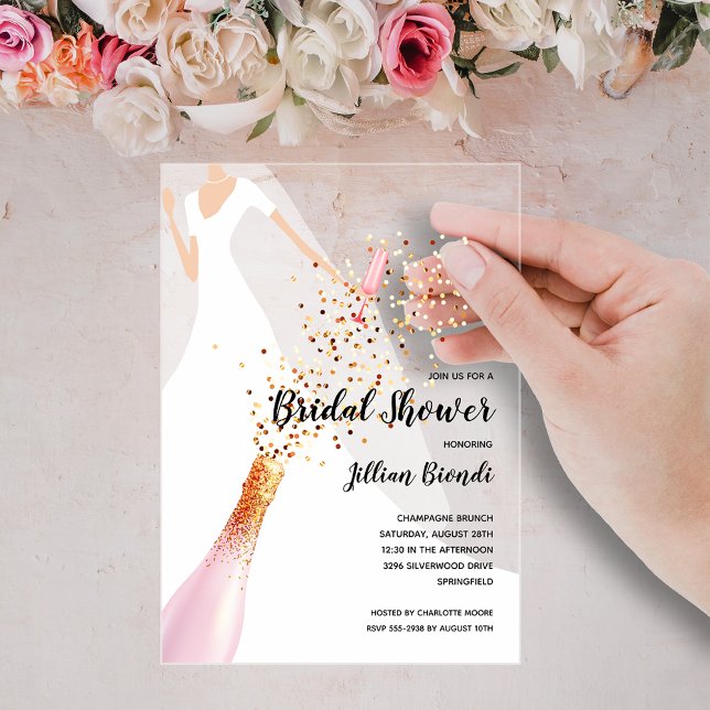 Elegantes Brautparty Dress and Veil Acryleinladungen (Bridal shower ACRYLIC invitations with gown, veil, champagne bottle, glass and confetti)