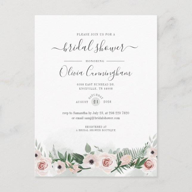 Elegantes Brautparty für Blumenschrift Einladungspostkarte (Vorderseite)