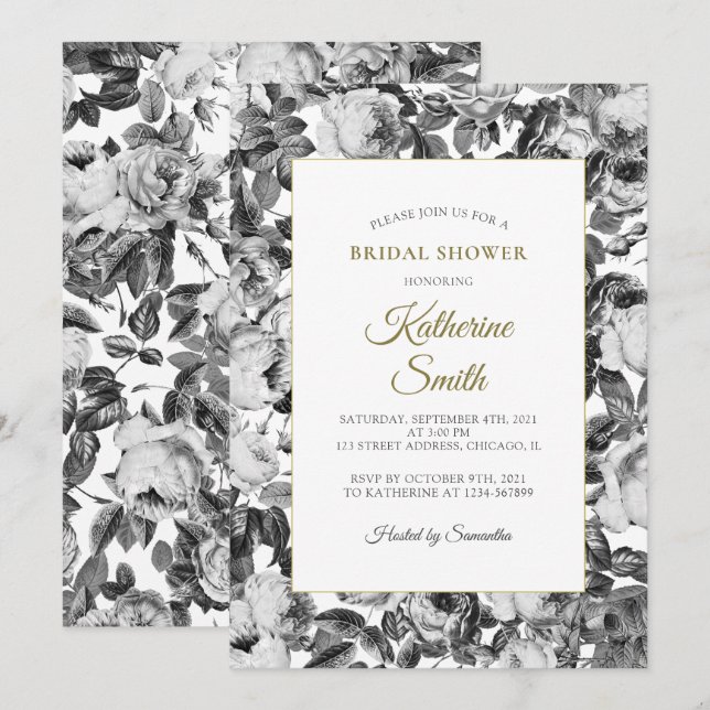 Elegantes Brautparty für Schwarz-weiße Rose Einladung (Vorne/Hinten)