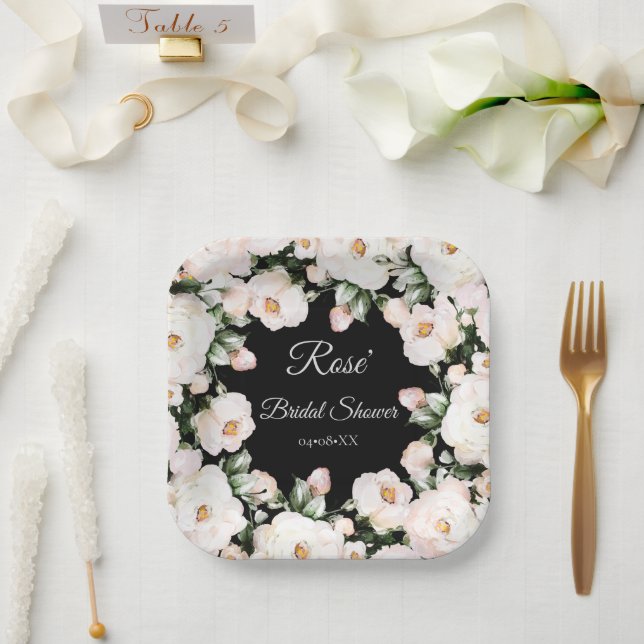 Elegantes Brautparty für Schwarz-weiße Rose Pappteller (Hochzeit)
