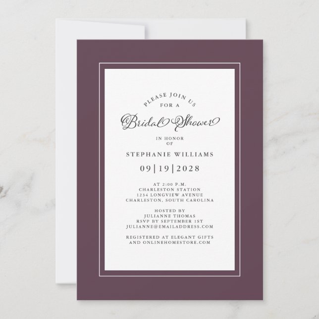 Elegantes Brautparty Hochzeitkalligrafie Lila Einladung (Vorderseite)