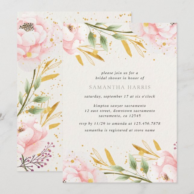 Elegantes Brautparty in Aquarellfarbe Rosa und Gol Einladung (Vorne/Hinten)