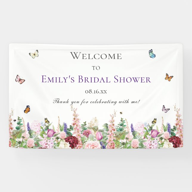 Elegantes Brautparty mit Blumen und Schmetterlinge Banner (Horizontal)