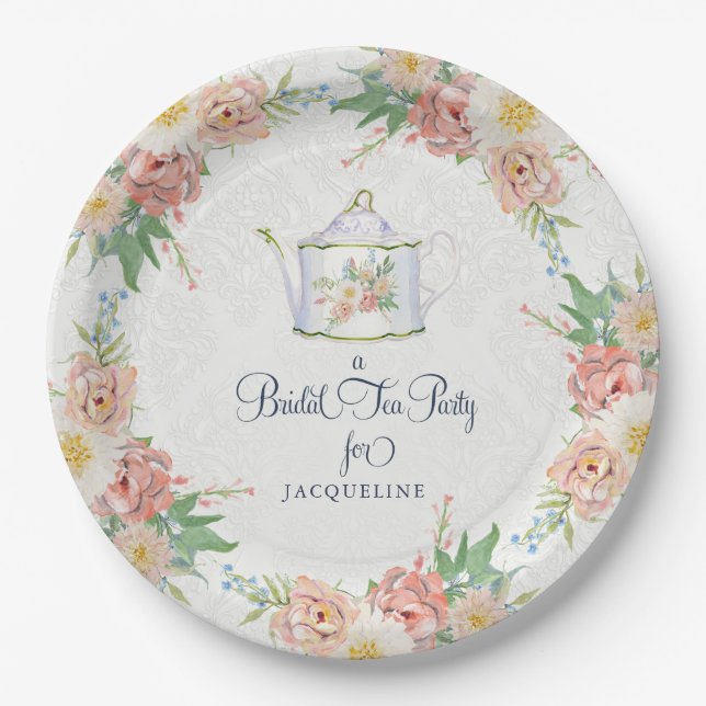 Elegantes Brautparty Rosa, weiß gestrichen, floral Pappteller (Vorderseite)