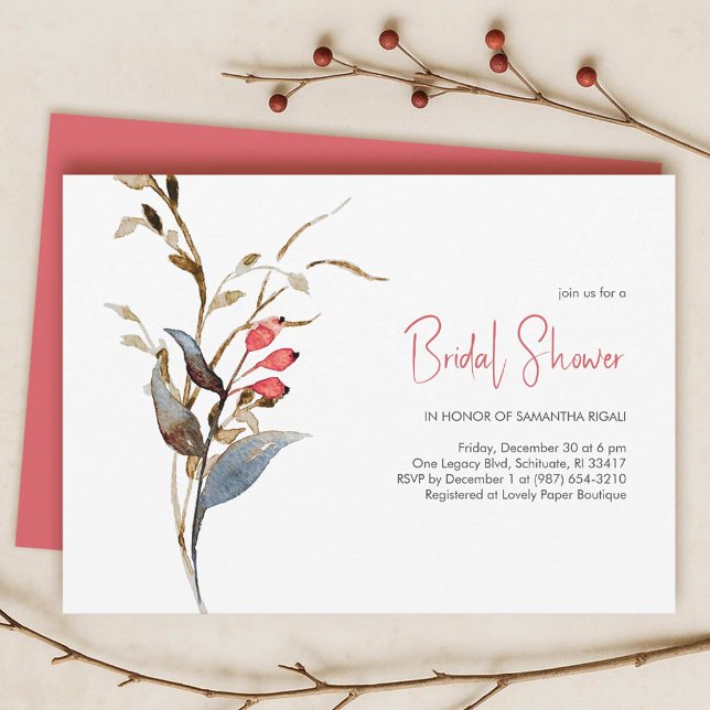 Elegantes Brautparty Themes für den Fall Einladung (Fall bridal shower theme features a flat lay of invitations with elegant botanicals on a white card)