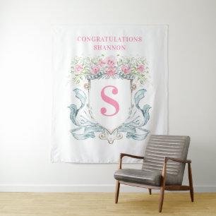 Elegantes Brautparty Wappen mit Rose Hintergrund Wandteppich