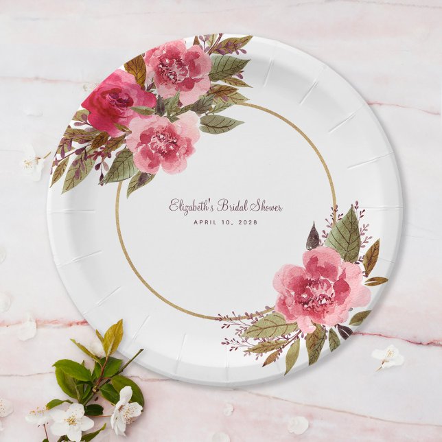 Elegantes Brautparty Wasserfarben Extravagant Rosa Pappteller (Elegant Bridal Shower Floral Watercolor Fancy Pink Paper Plates)