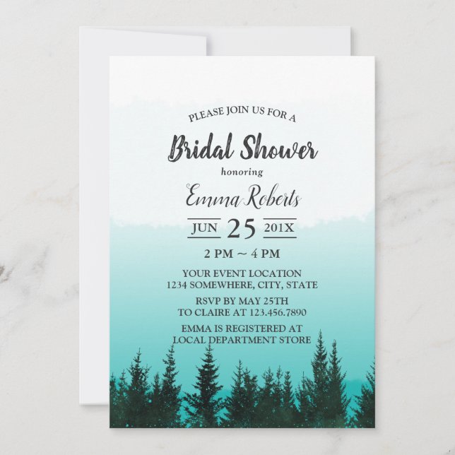 Elegantes Brautparty Wasserfarbenwald Pine Trees Einladung (Vorderseite)